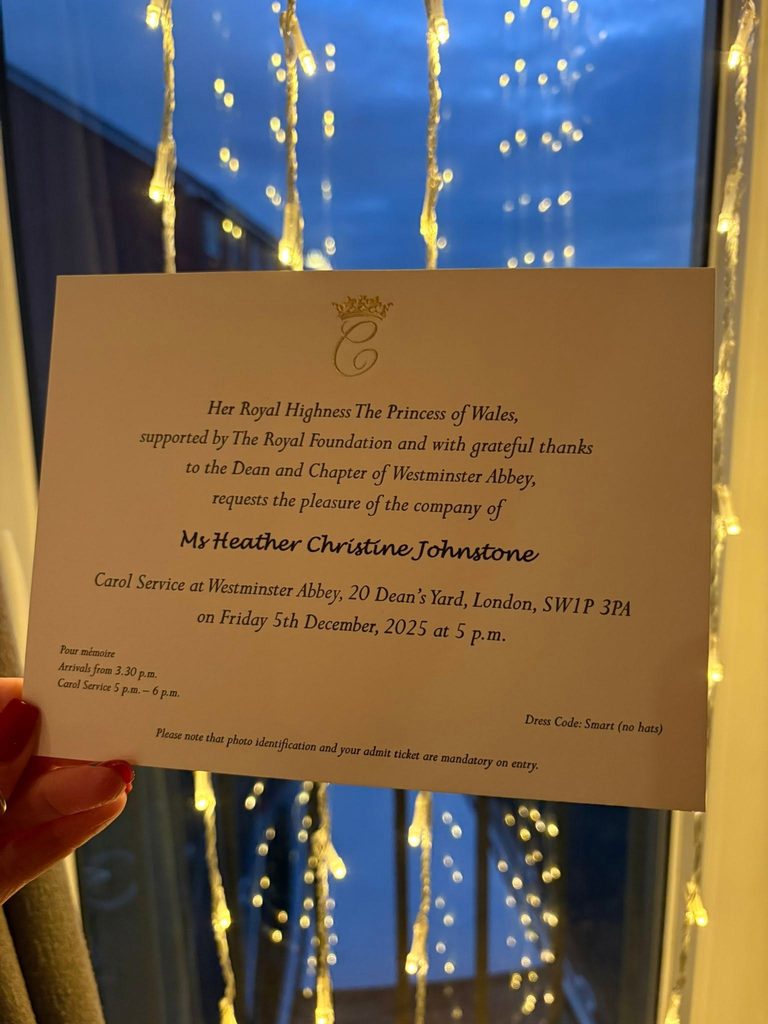 Invitation addressed to Heather Johnstone for the Princess of Wales’s carol service at Westminster Abbey on 5 December 2025